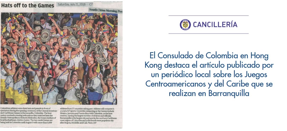 El Consulado de Colombia en Hong Kong destaca el artículo publicado por un periódico local sobre los Juegos Centroamericanos y del Caribe que se realizan en Barranquilla