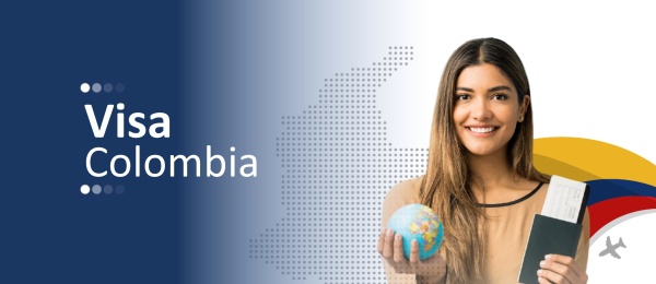 Imagen diseñada en la que se ve una mujer con un mundo en una mano y en la otra un pasaporte con un pase de abordar. Al fondo se ve una figura con el croquis del mapa de Colombia, una bandera de Colombia y la silueta de un avión. 